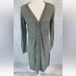 NEW LOFT Maxi Cardigan Women Size M Petite Green‎ Striped Long Sleeve Knit Light
